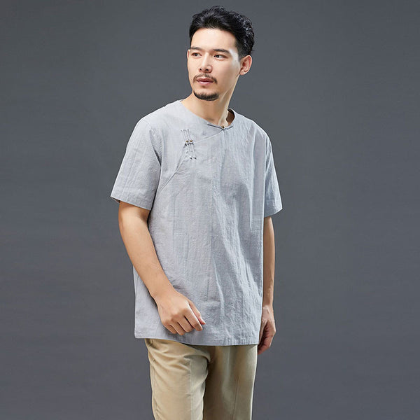 Men Retro Zen Style Linen and Cotton Right Buckle Short Sleeve T-shirt