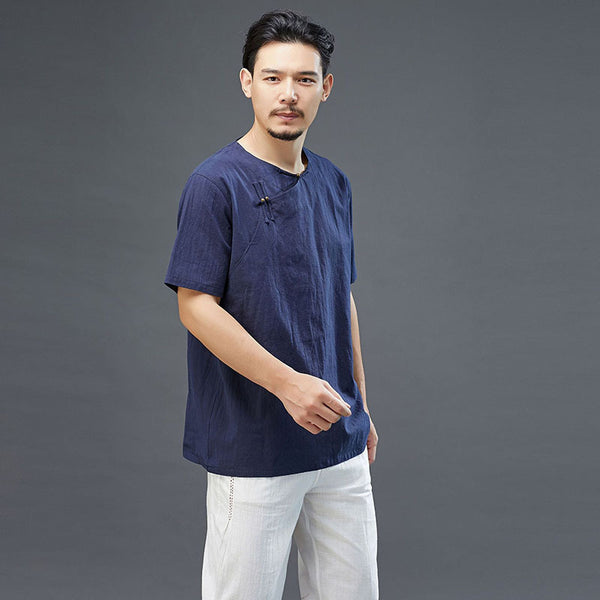 Men Retro Zen Style Linen and Cotton Right Buckle Short Sleeve T-shirt