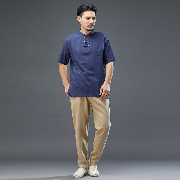 Men Modern Aisian Style Linen and Cotton Round Necked Short Sleeve T-shirt