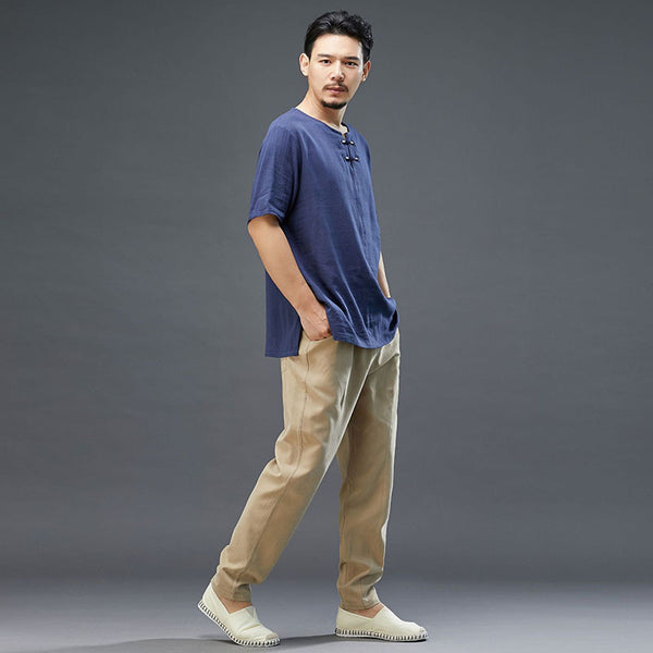 Men Retro Style Linen and Cotton Top Buckle Round Necked Short Sleeve T-shirt