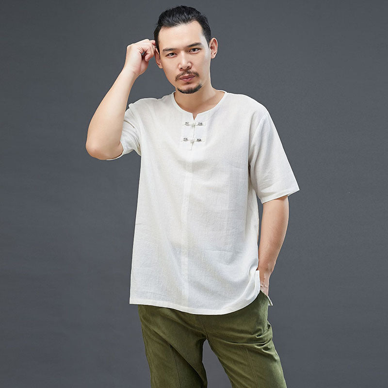 Men Retro Style Linen and Cotton Top Buckle Round Necked Short Sleeve T-shirt