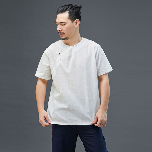 Men Retro Zen Style Linen and Cotton Right Buckle Short Sleeve T-shirt