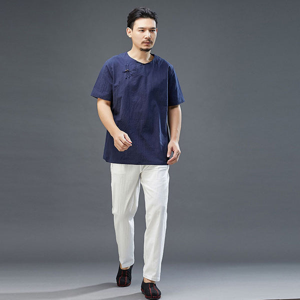 Men Retro Zen Style Linen and Cotton Right Buckle Short Sleeve T-shirt