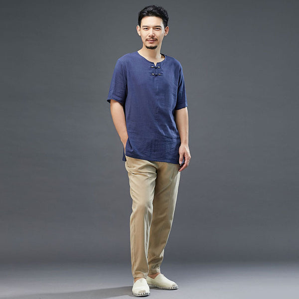 Men Retro Style Linen and Cotton Top Buckle Round Necked Short Sleeve T-shirt