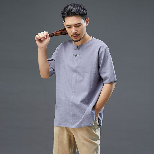 Men Retro Style Linen and Cotton Top Buckle Round Necked Short Sleeve T-shirt