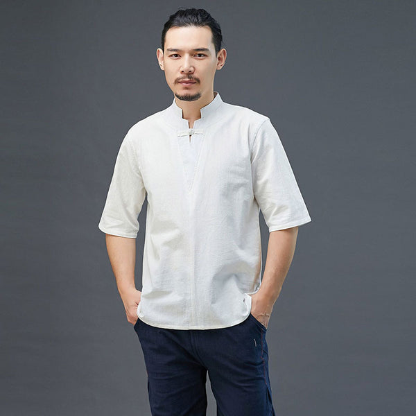 Men Modern Aisian Style Linen and Cotton Top Buckle Short Sleeve T-shirt