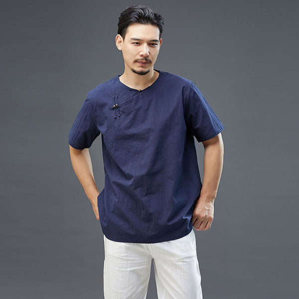 Men Retro Zen Style Linen and Cotton Right Buckle Short Sleeve T-shirt