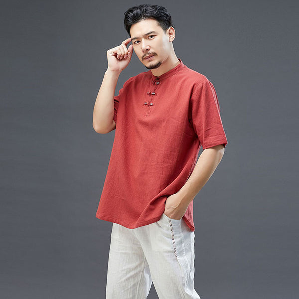 Men Modern Aisian Style Linen and Cotton Round Necked Short Sleeve T-shirt