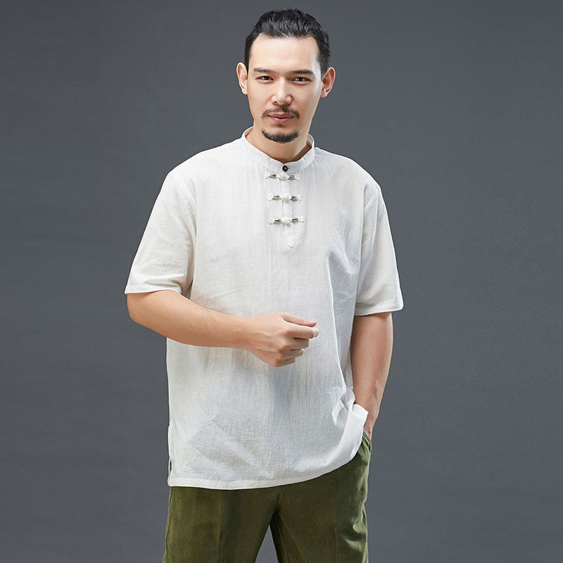 Men Modern Aisian Style Linen and Cotton Round Necked Short Sleeve T-shirt