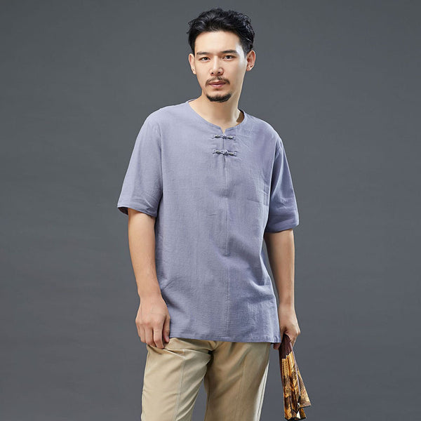 Men Retro Style Linen and Cotton Top Buckle Round Necked Short Sleeve T-shirt