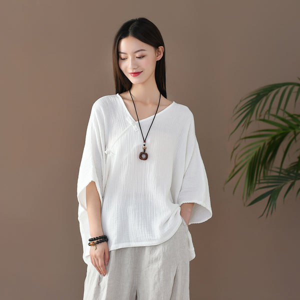 Women Retro Zen Style Right Buckle Loose Linen and Cotton V-Neck T-shirt