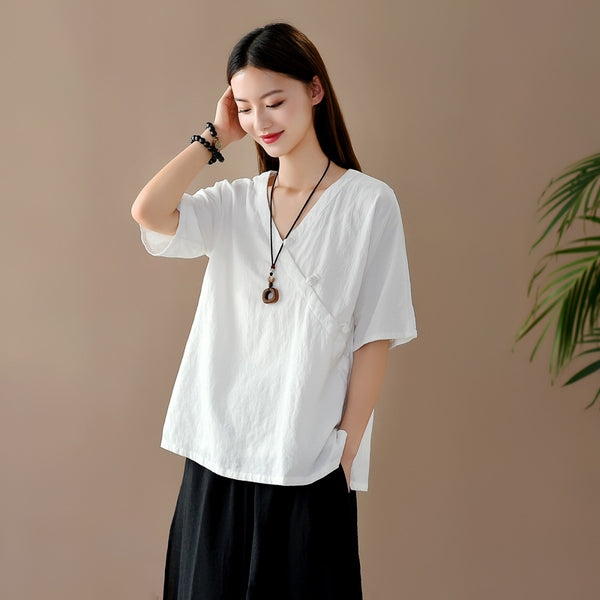 Women Retro Zen Style Left Buckle Loose Linen and Cotton V-Neck T-shirt