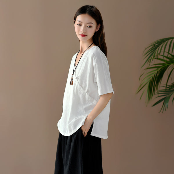 Women Retro Zen Style Left Buckle Loose Linen and Cotton V-Neck T-shirt