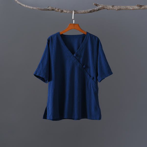 Women Retro Zen Style Left Buckle Loose Linen and Cotton V-Neck T-shirt