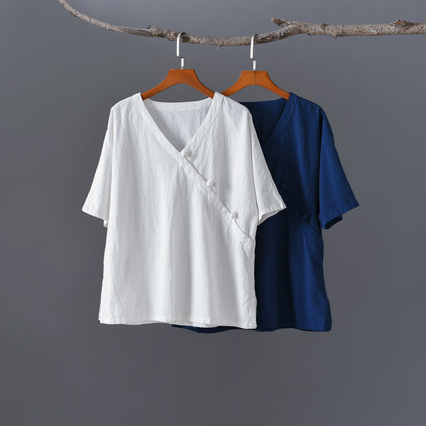 Women Retro Zen Style Left Buckle Loose Linen and Cotton V-Neck T-shirt