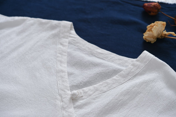 Women Retro Zen Style Left Buckle Loose Linen and Cotton V-Neck T-shirt
