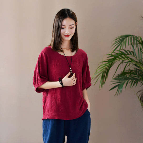 Women Casual Loose Style Wrinkled Linen and Cotton Round Necked T-shirt