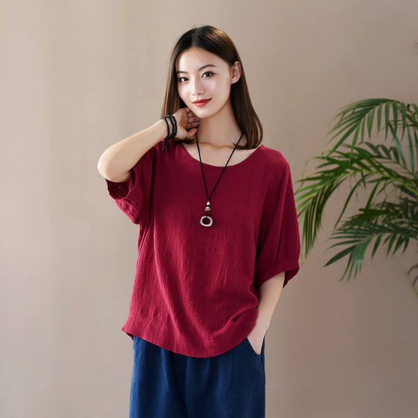 Women Casual Loose Style Wrinkled Linen and Cotton Round Necked T-shirt