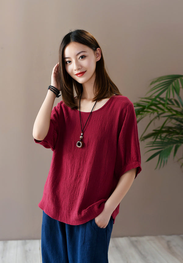 Women Casual Loose Style Wrinkled Linen and Cotton Round Necked T-shirt