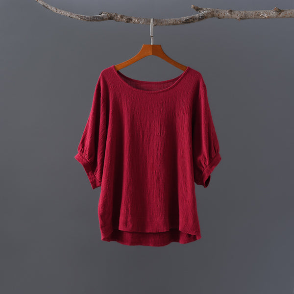 Women Casual Loose Style Wrinkled Linen and Cotton Round Necked T-shirt