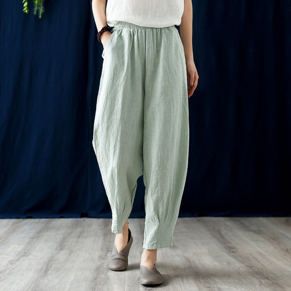 Women Simple Casual Style Linen and Cotton Lantern Cropped Pants