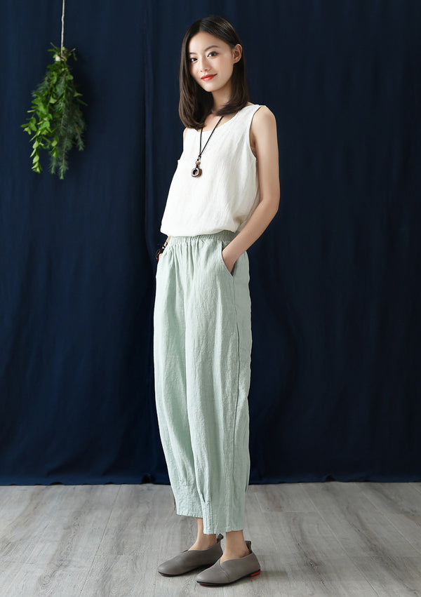 Women Simple Casual Style Linen and Cotton Lantern Cropped Pants