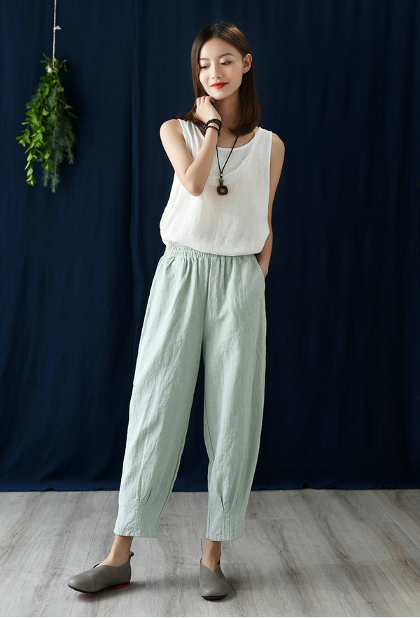 Women Simple Casual Style Linen and Cotton Lantern Cropped Pants