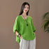 Women Retro Zen Style Right Buckle Loose Linen and Cotton V-Neck T-shirt