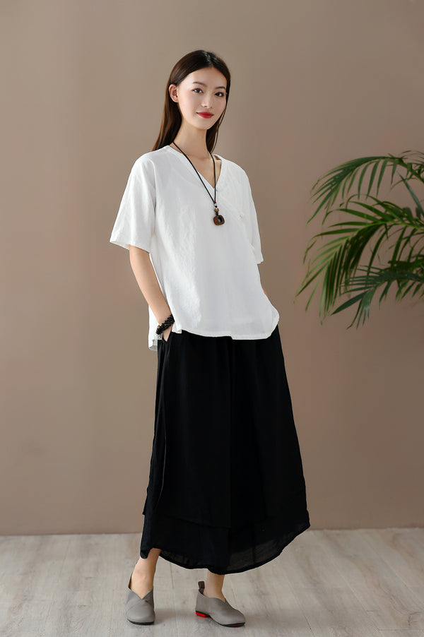 Women Retro Zen Style Left Buckle Loose Linen and Cotton V-Neck T-shirt