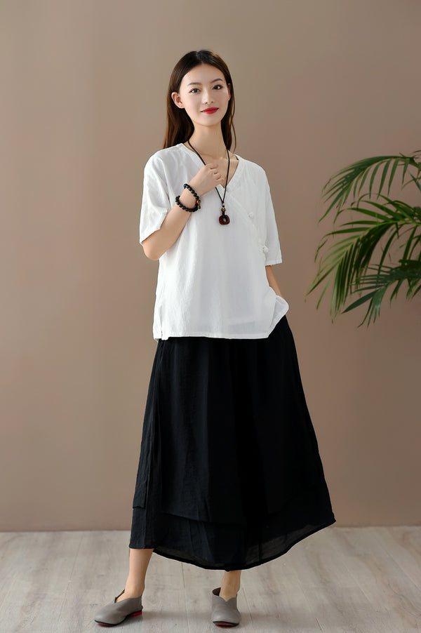 Women Retro Zen Style Left Buckle Loose Linen and Cotton V-Neck T-shirt