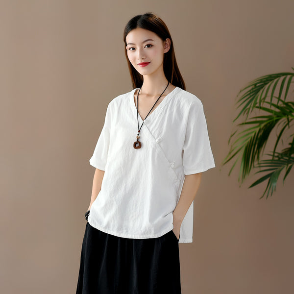 Women Retro Zen Style Left Buckle Loose Linen and Cotton V-Neck T-shirt