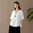 Women Retro Zen Style Left Buckle Loose Linen and Cotton V-Neck T-shirt