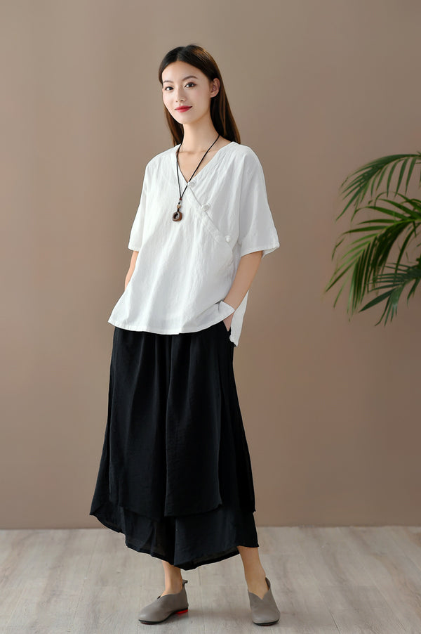 Women Retro Zen Style Left Buckle Loose Linen and Cotton V-Neck T-shirt