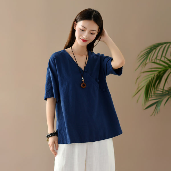 Women Retro Zen Style Left Buckle Loose Linen and Cotton V-Neck T-shirt