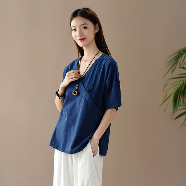 Women Retro Zen Style Left Buckle Loose Linen and Cotton V-Neck T-shirt