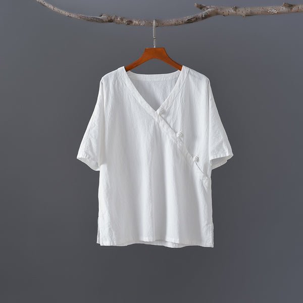 Women Retro Zen Style Left Buckle Loose Linen and Cotton V-Neck T-shirt