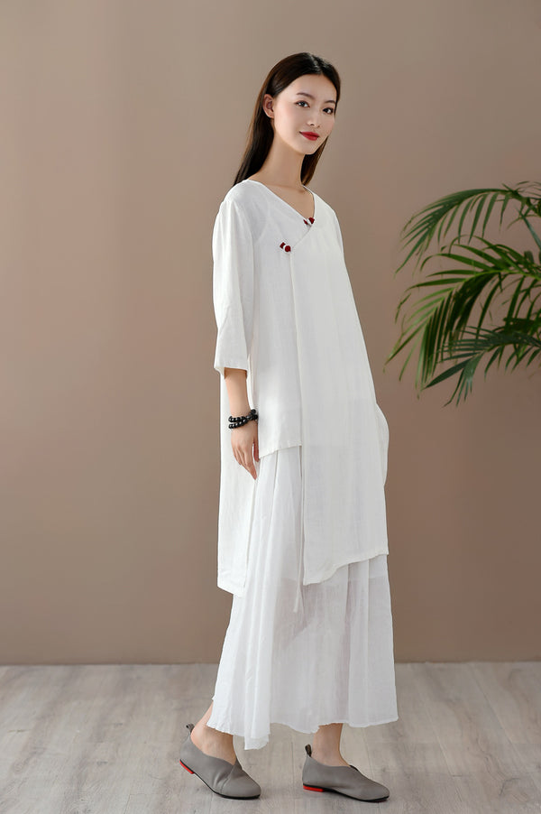 Women Retro Zen Style Right Buckle Linen and Cotton Tunic