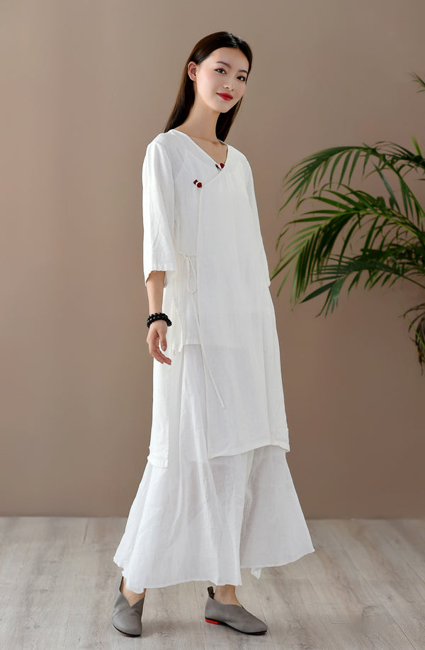 Women Retro Zen Style Right Buckle Linen and Cotton Tunic