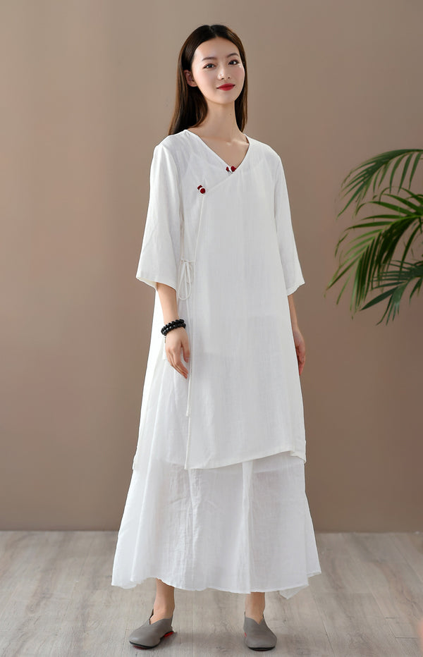 Women Retro Zen Style Right Buckle Linen and Cotton Tunic