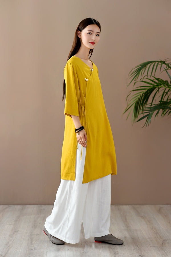 Women Retro Zen Style Right Buckle Linen and Cotton Tunic