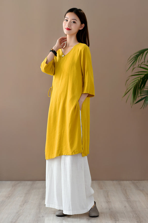 Women Retro Zen Style Right Buckle Linen and Cotton Tunic