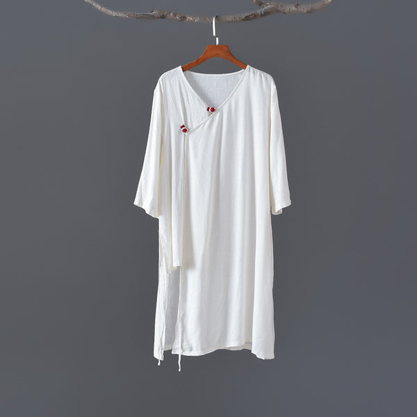 Women Retro Zen Style Right Buckle Linen and Cotton Tunic