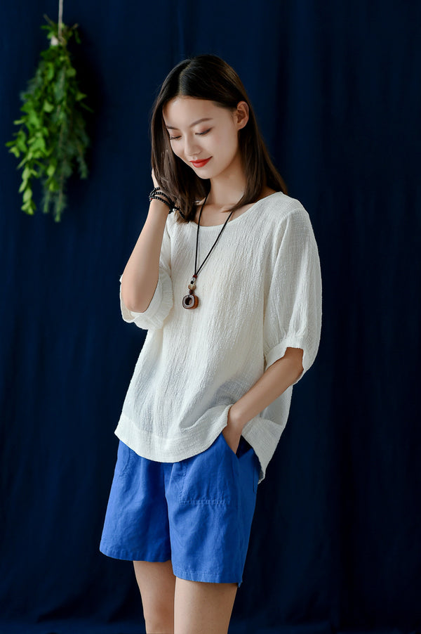 Women Casual Loose Style Wrinkled Linen and Cotton Round Necked T-shirt