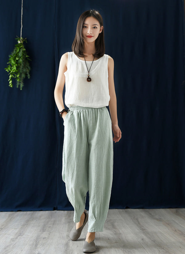 Women Simple Casual Style Linen and Cotton Lantern Cropped Pants