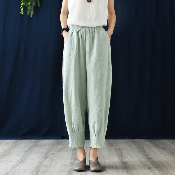 Women Simple Casual Style Linen and Cotton Lantern Cropped Pants