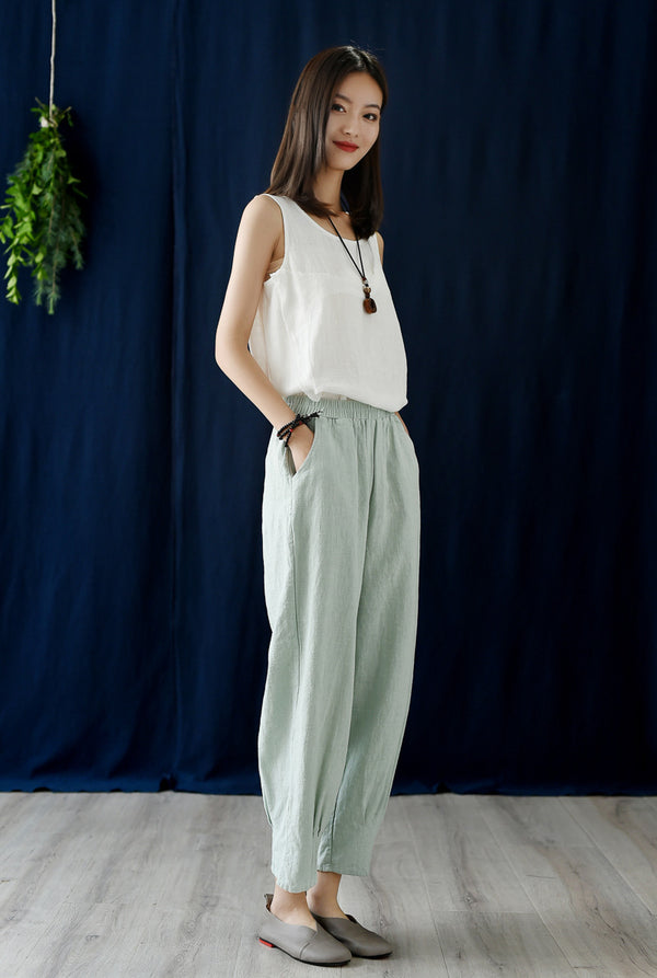 Women Simple Casual Style Linen and Cotton Lantern Cropped Pants