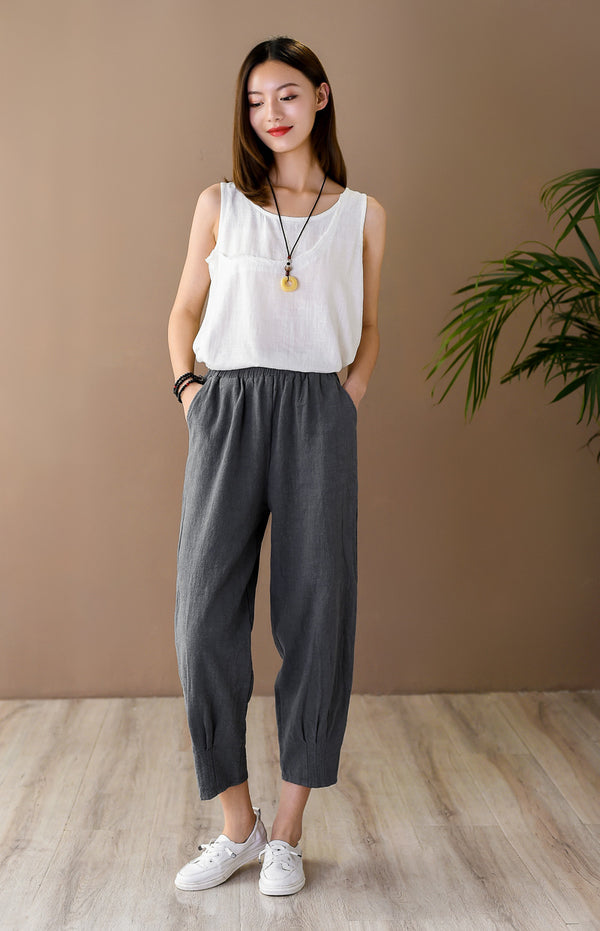 Women Simple Casual Style Linen and Cotton Lantern Cropped Pants