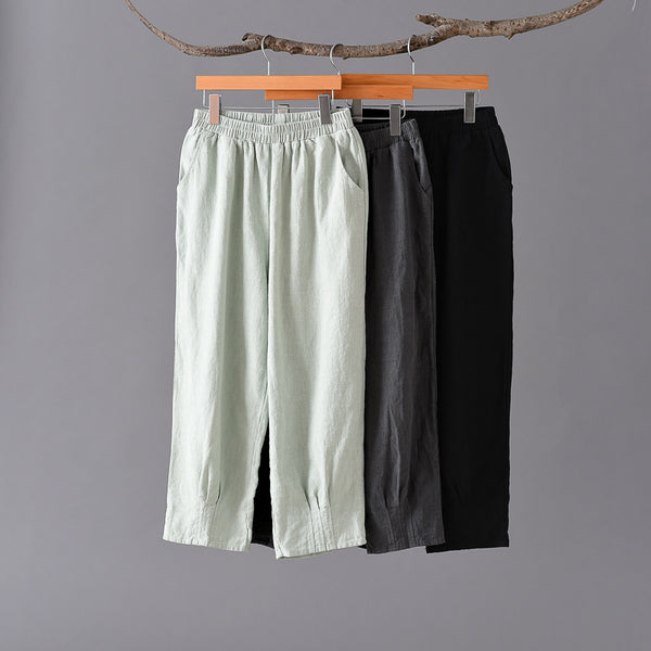 Women Simple Casual Style Linen and Cotton Lantern Cropped Pants