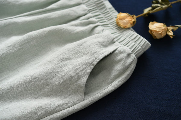 Women Simple Casual Style Linen and Cotton Lantern Cropped Pants