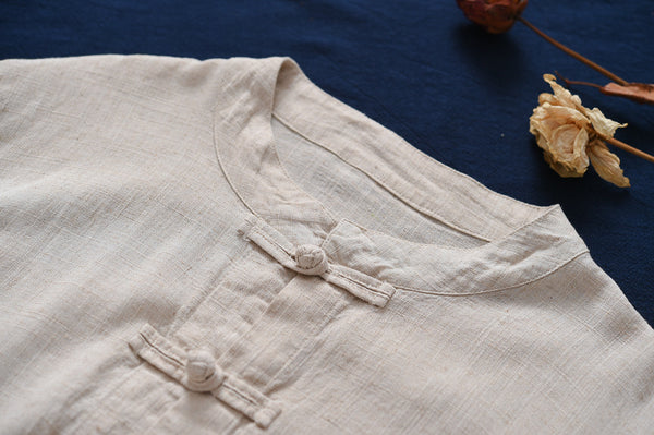 Women Retro Style Linen and Cotton Round Necked Cardigan